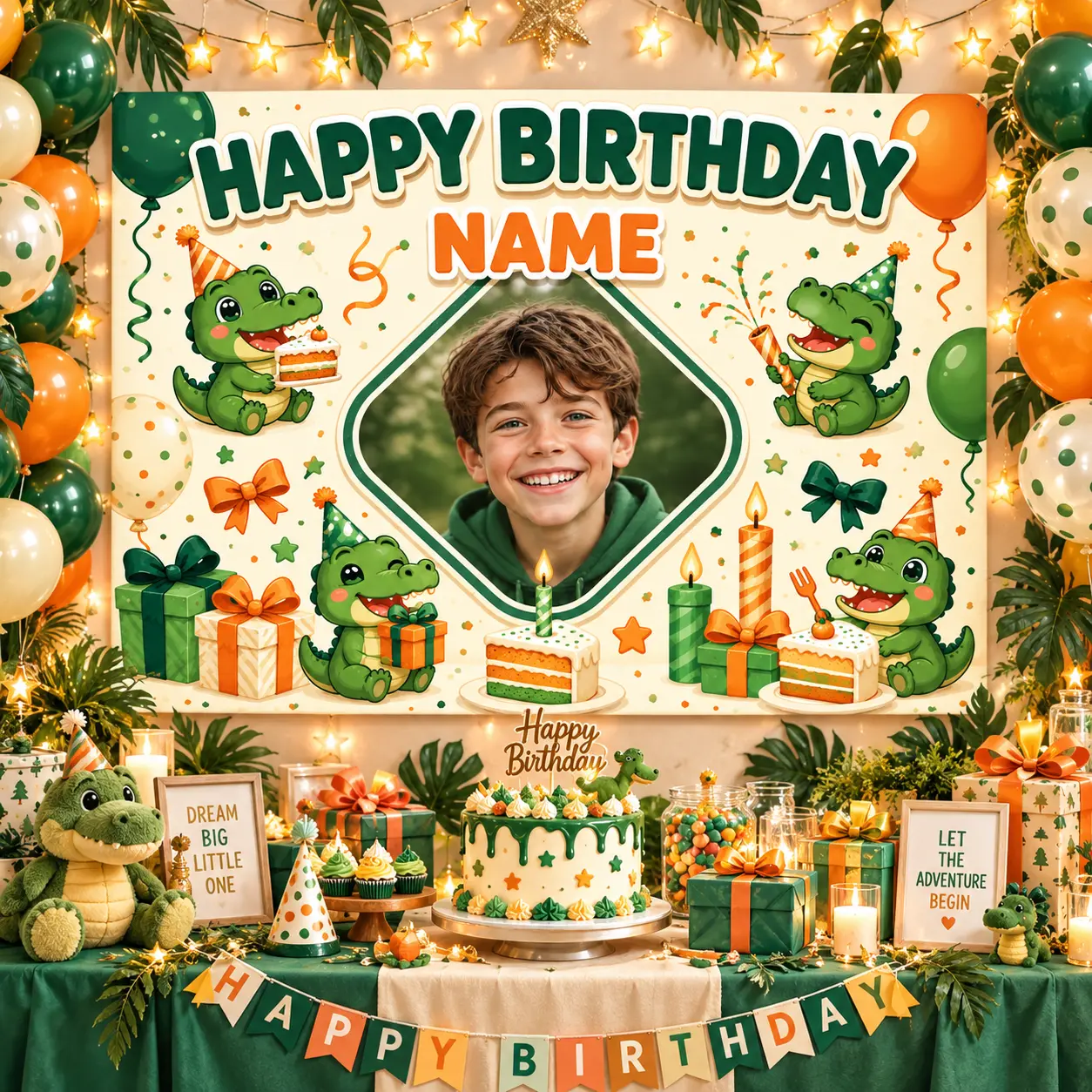 Custom Photo & Name Dinosaur Birthday Backdrop, Personalized Green Orange Dino Party Background with Cake, Gifts and Balloons for Kids Photo Booth Decor