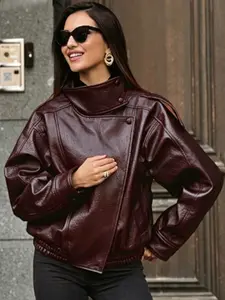 Asymmetric Loose Jacket Women's Bomber Jacket Demi-Season 2026 Burgundy Brown Black Top Women Cropped Oversized Button High Neck Long Sleeve Coat Fashion Y2K Streetwear Outdoor Biker Riding Jacket