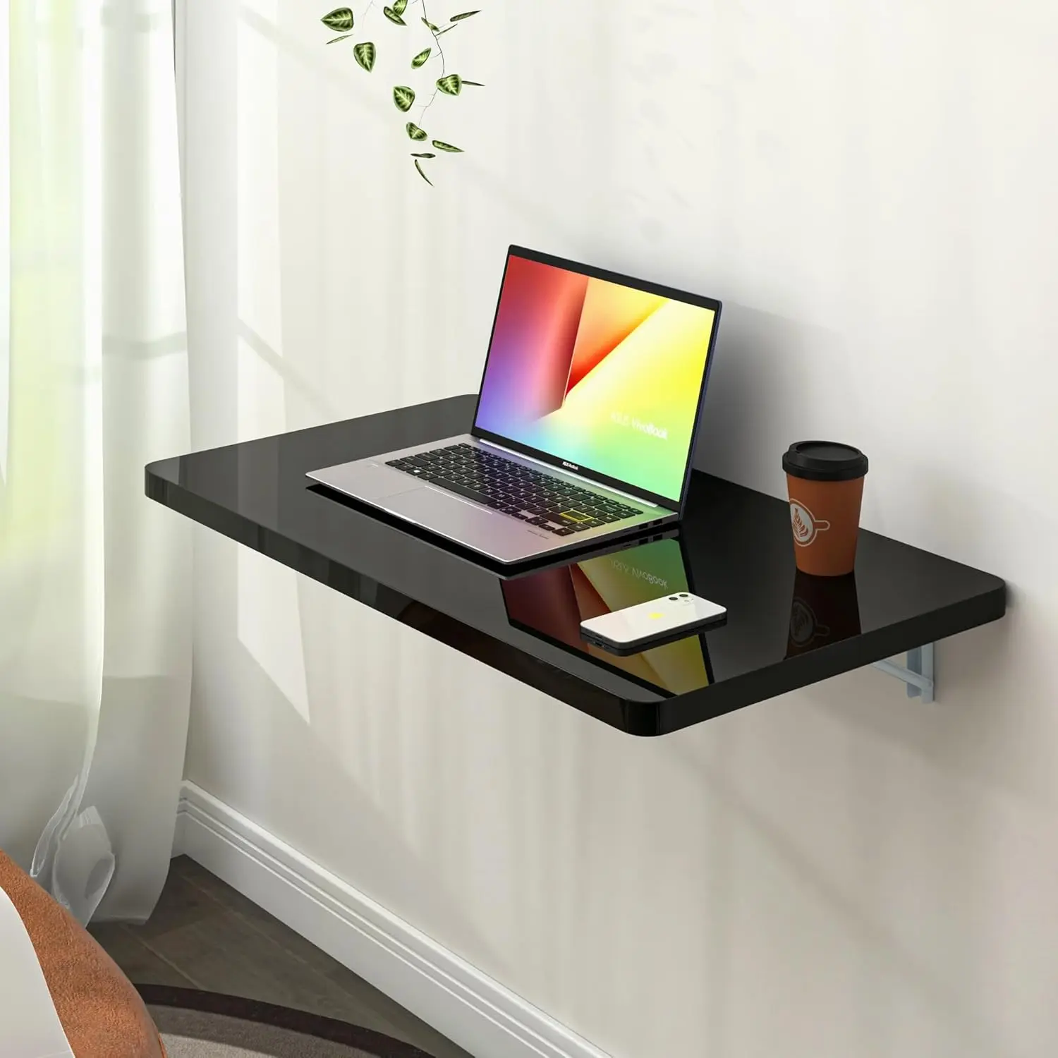 Black Wall Mounted High Gloss Folding Table 23.6" L x 15.7" W, Laundry Folding Table for Laundry Room,  Office, Kitchen, Bedroom,  Bar, Wall Desk Fold Down for Small Spaces