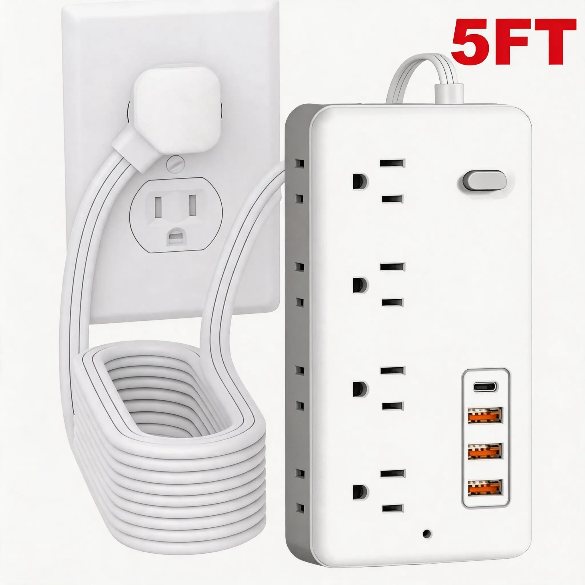 Surge Protector Flat Extension Cord Flat Plug Power Strip, 8 AC Outlets, 4 USB Charger(1 USB C Port) 3-Sided Outlet Extender, 5Ft Extension Cord Charging Station,  Office Supplies, Dorm Room Essentials