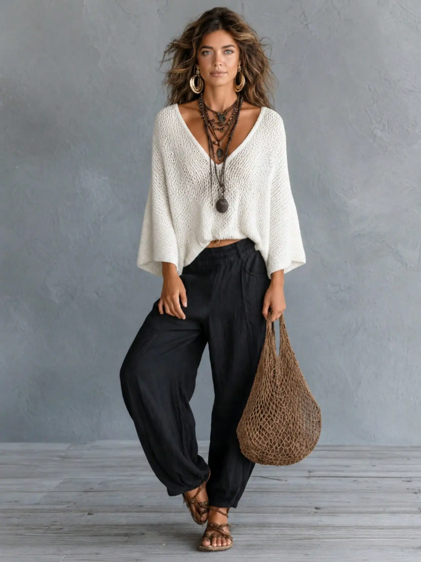 New Women's Early Autumn Minimalist Lightweight Cape Sleeves Oversize Sweater, Loose Big V Neck Pullover, Casual Comfortable Boho Style