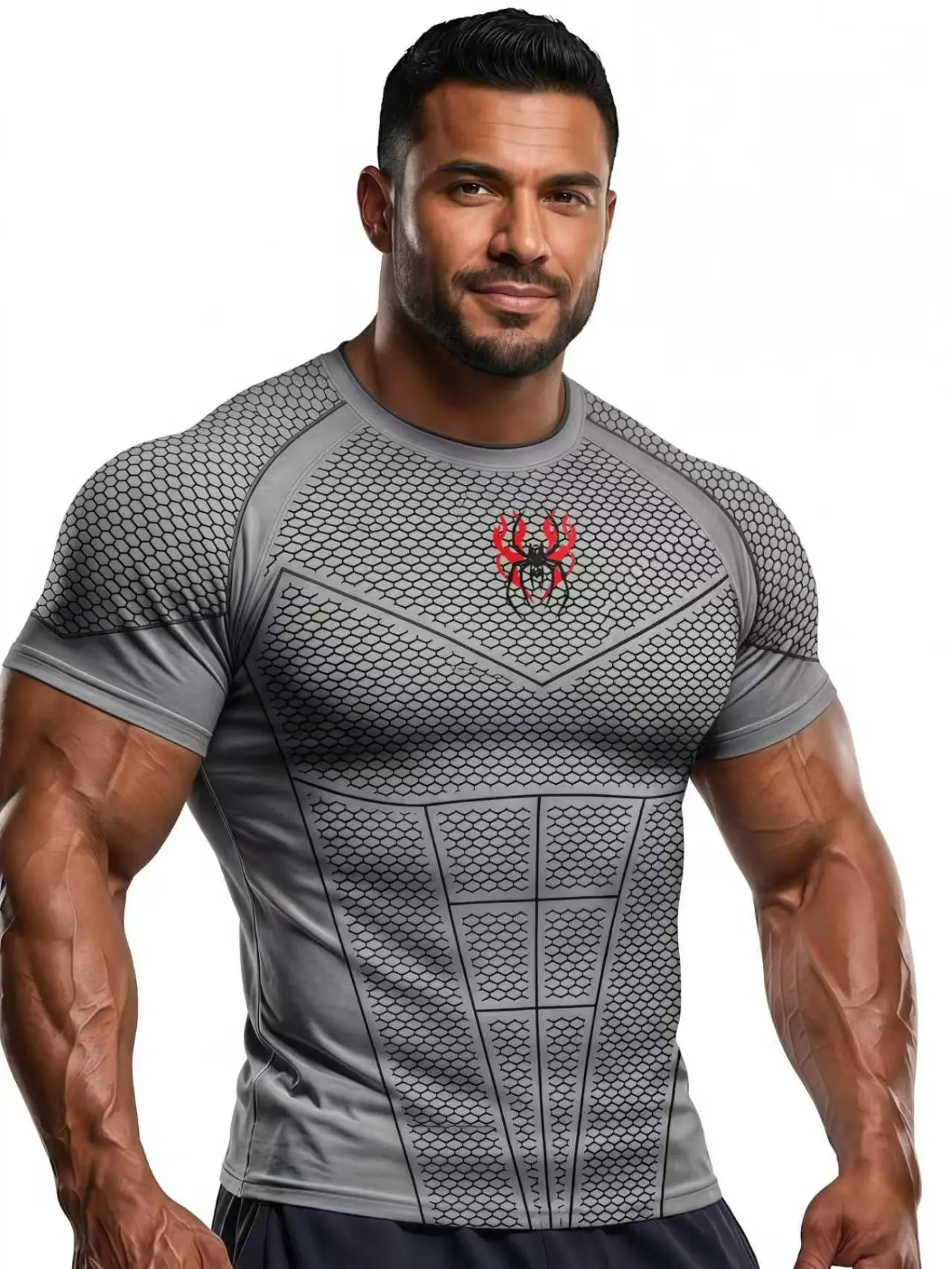 Men's Short Sleeve Compression Workout Top, Spider Print, Breathable Mesh, High Stretch, Quick-Dry, Gym Training Apparel