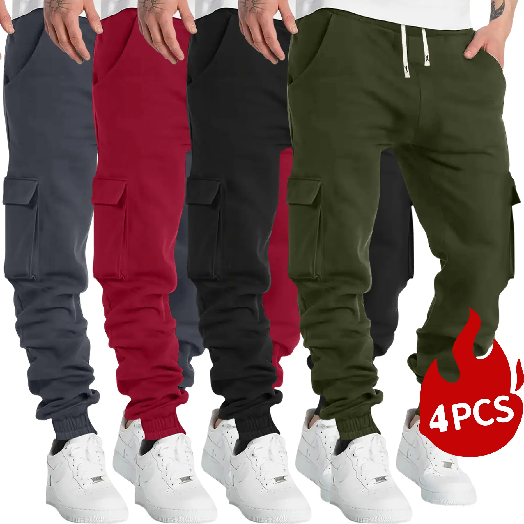 Men's Plain Streetwear Cargo Pants, 4-Piece Menswear Set with a Fitted Cut and Multiple Pockets for Casual All-Season Wear