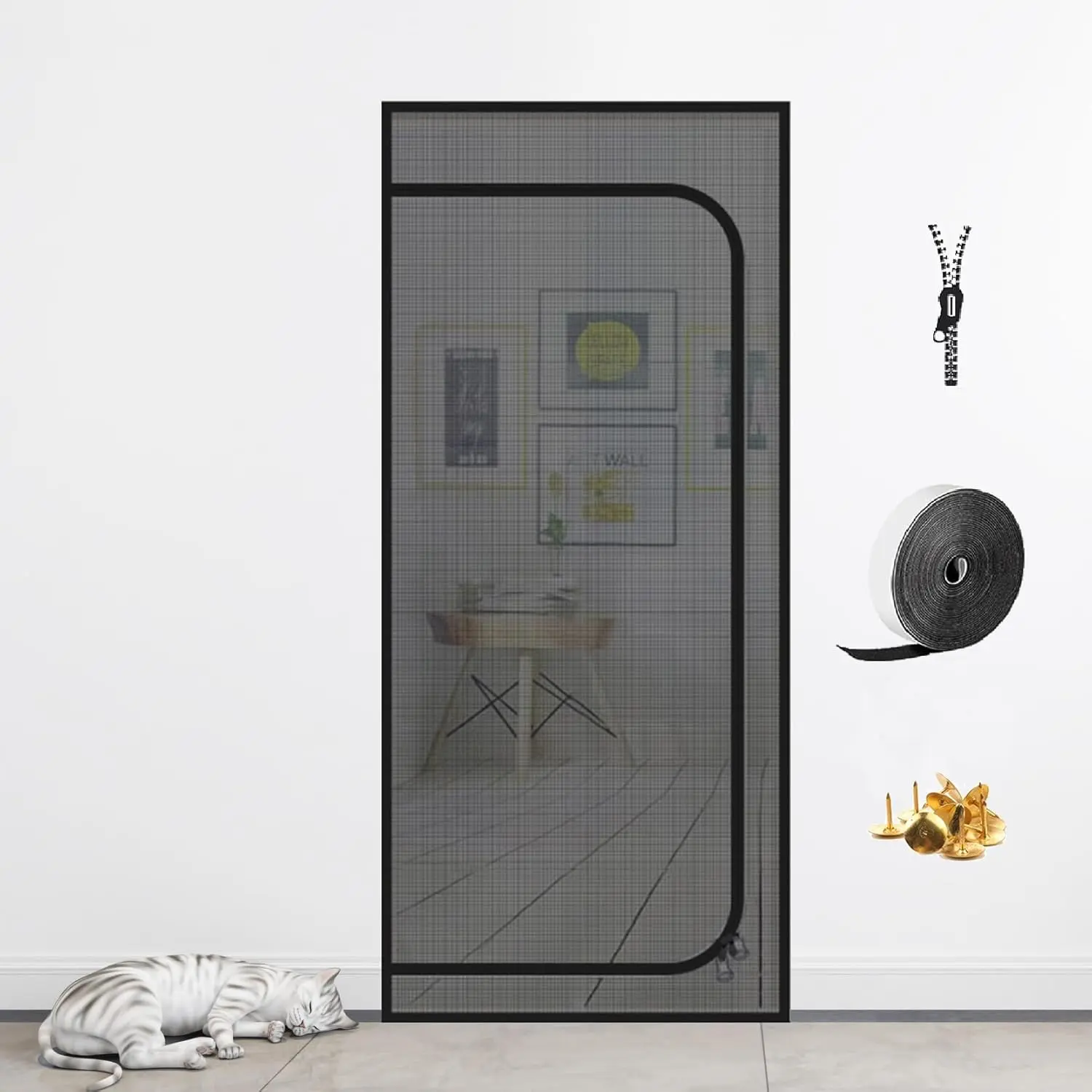 Rectangular Cat-Resistant Thick Mesh Screen with Zippered Door, Easy-Install Pet Screen for Doorways & Patios, Fits Up to 36"x80" Home Supplies
