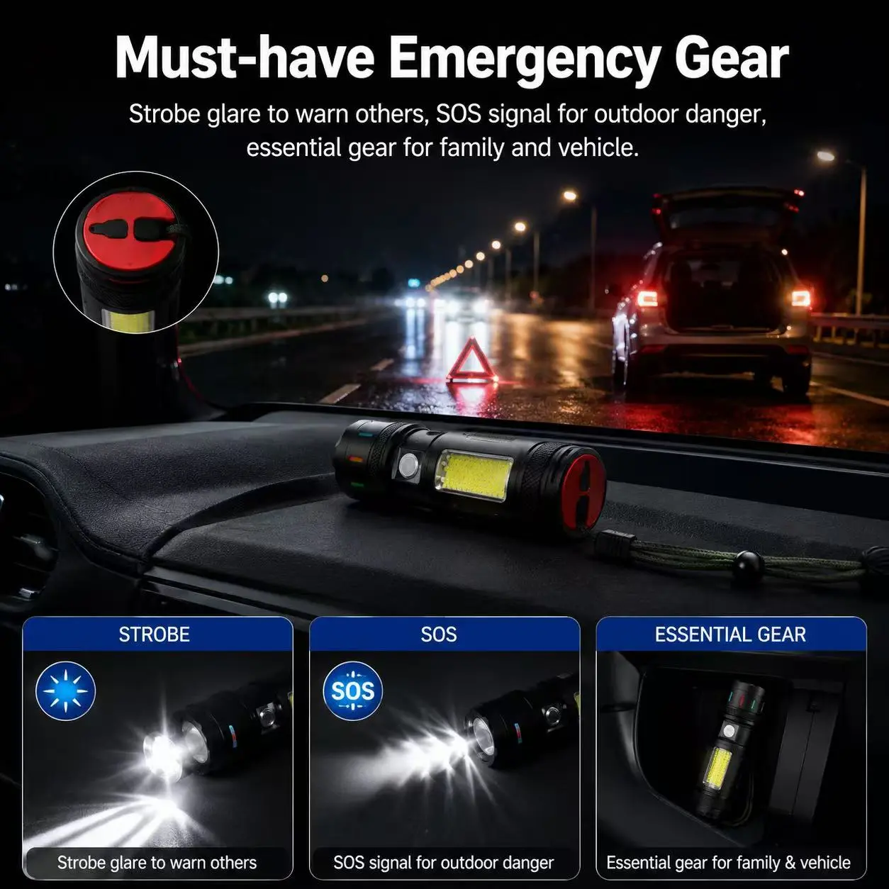 Super Bright Zoomable LED Tactical Flashlight, Aluminum Alloy Body With COB Side Tube Light, Digital Real-Time Power Display, Telescopic Adjustable Focus Spotlight Floodlight, USB Rechargeable Hand Torch Equipped With Anti-lost Hand Lanyard