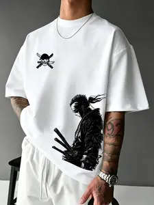 Tiktok Hot One Piece Luffy Three Sword Style Print T-Shirt, Unisex Cotton Short Sleeve, Anime Fashion Oversize Loose Fit Top