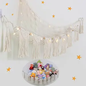 Large Stuffed Animal Hammock Net, Macrame Boho Toy Hammock with LED Light, Space Saving Corner Hanging Stuffed Animal Organizer Holder for Kids Bedroom Playroom Decoration