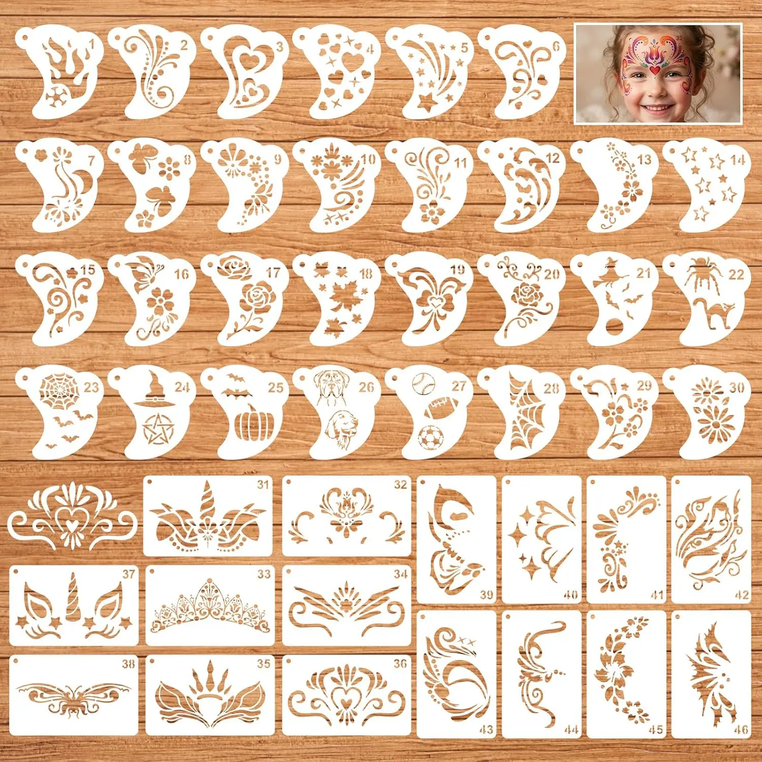 46 Pcs Face Paint Stencils, Reusable Face Painting Stencils for Body Facial Art DIY Makeup, Paint Templates with Rings for Party Festival Birthdays