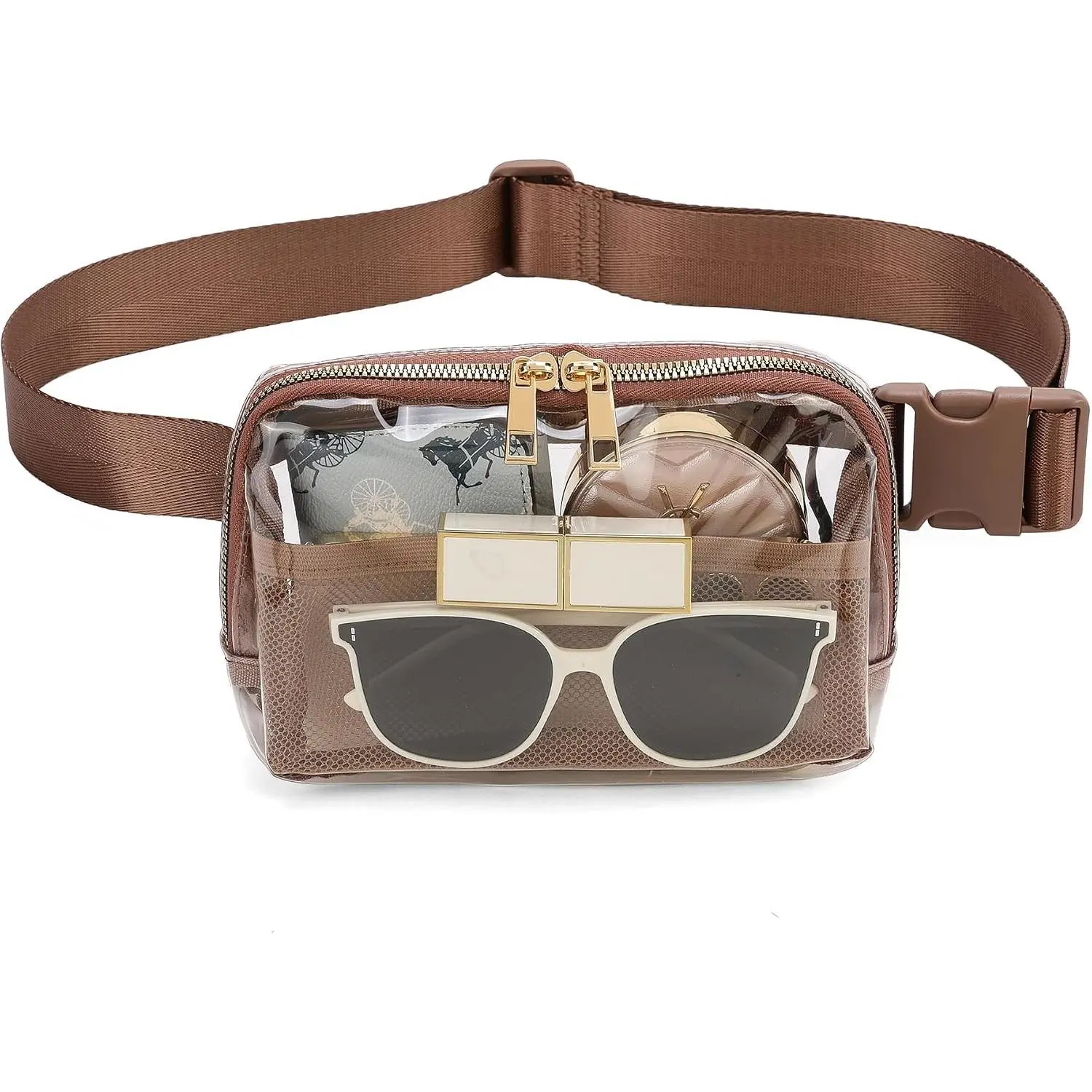 Stadium Approved Clear Belt Bag Fanny Pack for Women Men with Adjustable Strap Crossbody Bag Waist Bag for Concerts Sports Travelling Hiking Running(Brown)