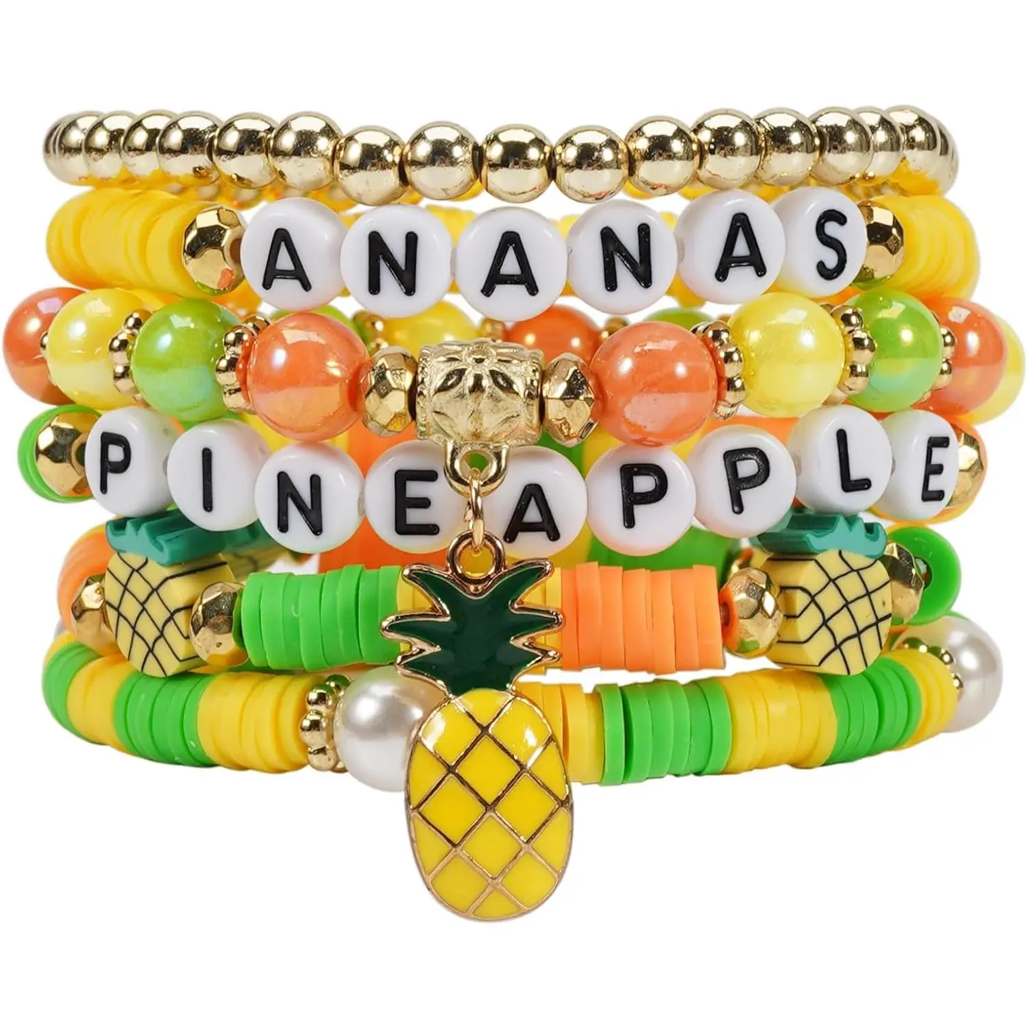 Bohemian Cute Fruit Banana Cherry Strawberry Pineapple Mango Polymer Clay Beaded Stackable Stretch Bracelets