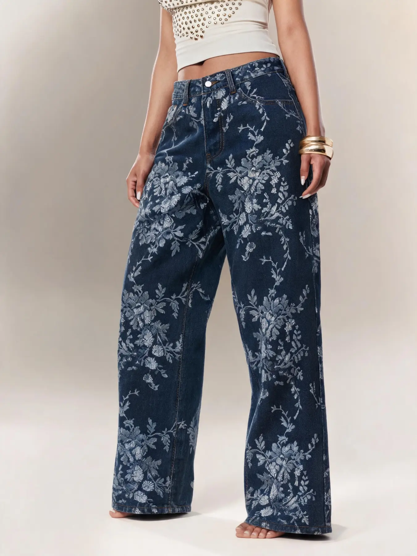 Women's Floral Print Dark Washed Mid-Waist Wide Leg Jeans, Loose Fit Retro Lazy Denim Jeans, Casual Daily Wear