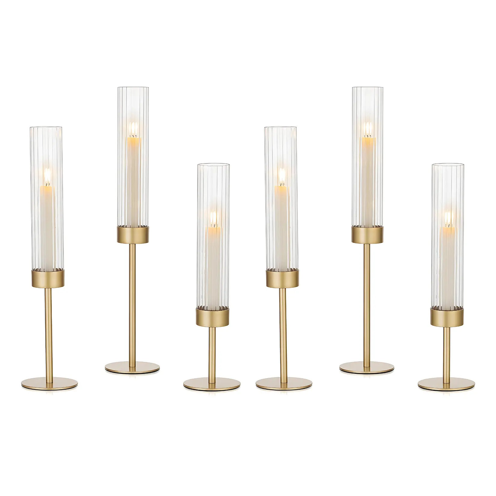 Gold Hurricane Candle Holders Set of 3, Taper Candlestick Holders with Ribbed Glass Cylinder Sleeves, Elegant Table Centerpiece for Wedding, Birthday, Christmas, Home Decor