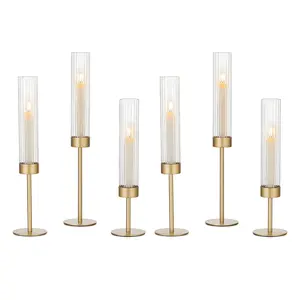 Gold Hurricane Candle Holders Set of 3, Taper Candlestick Holders with Ribbed Glass Cylinder Sleeves, Elegant Table Centerpiece for Wedding, Birthday, Christmas, Home Decor