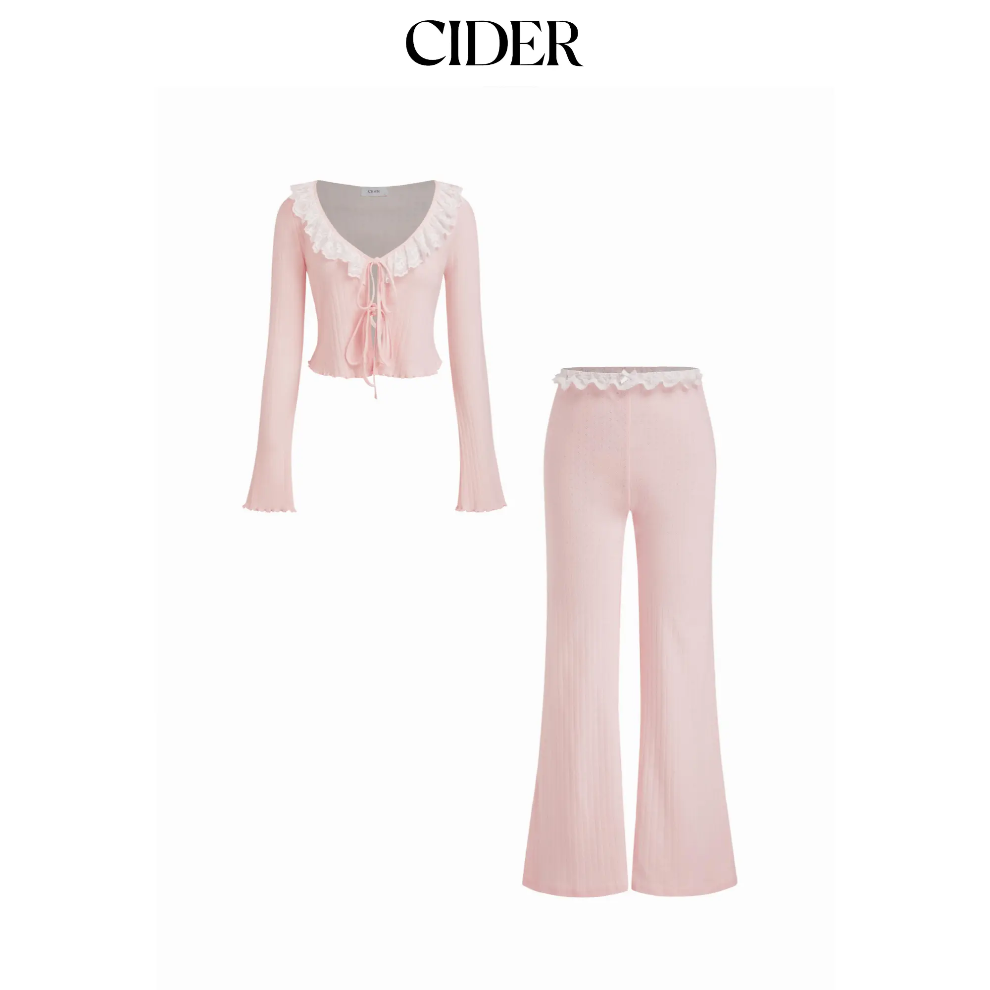Cider V-neck Pointelle Tie Front Top & High Rise Lace Trim Bowknot Flare Trousers Loungewear Set