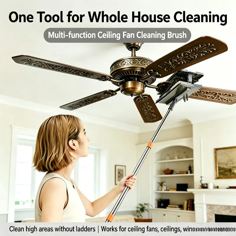 Telescopic Stainless Steel Ceiling Fan Cleaning Brush Kit, With Chenille & Flat Cleaning Cloths, Washable Pads, Multi-purpose Duster For Ceiling Fan, Window & High Household Surfaces