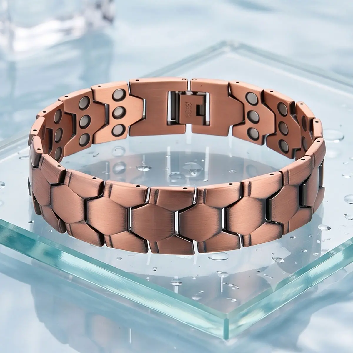 A red copper magnetic energy bracelet with magnets, featuring functions of relieving fatigue, promoting blood circulation and alleviating joint discomfort.It is suitable as a gift for Father's Day or for giving as a birthday present to elders.