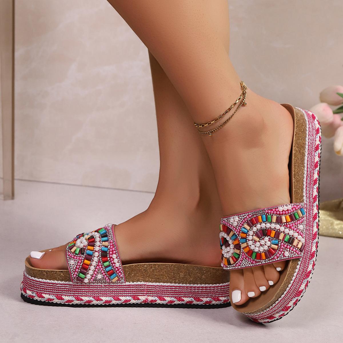 Women's Platform Sandals Summer Beach Slides with Pearl Embellished Cork Wedge Soft Sole Slippers Large Size Comfort Outdoor Shoes Ethnic Style Fashion Footwear for Women Women's Platform Sandals Summer Beach Slides with Pearl Embellished Cork Wedge Soft Sole Slippers Large Size Comfort Outdoor Shoes Ethnic Style Fashion Footwear for Women