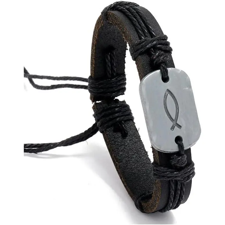 Sign of The Fish Men's Leather Wrap Bracelet Retro Braided Leather  Bracelet Adjustable for men