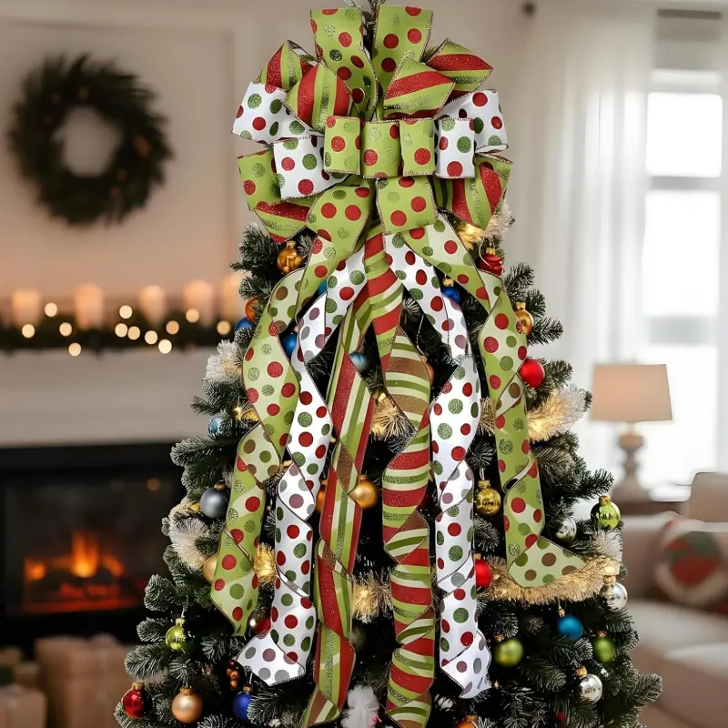 Tree Topper Bow Large Christmas Bow Tree Topper, Red Green Dot Polyester Ribbon Bows for Xmas Ornament Holiday Home Wedding Birthday Party Thanksgiving Indoor/Outdoor Decoration 45"x13"