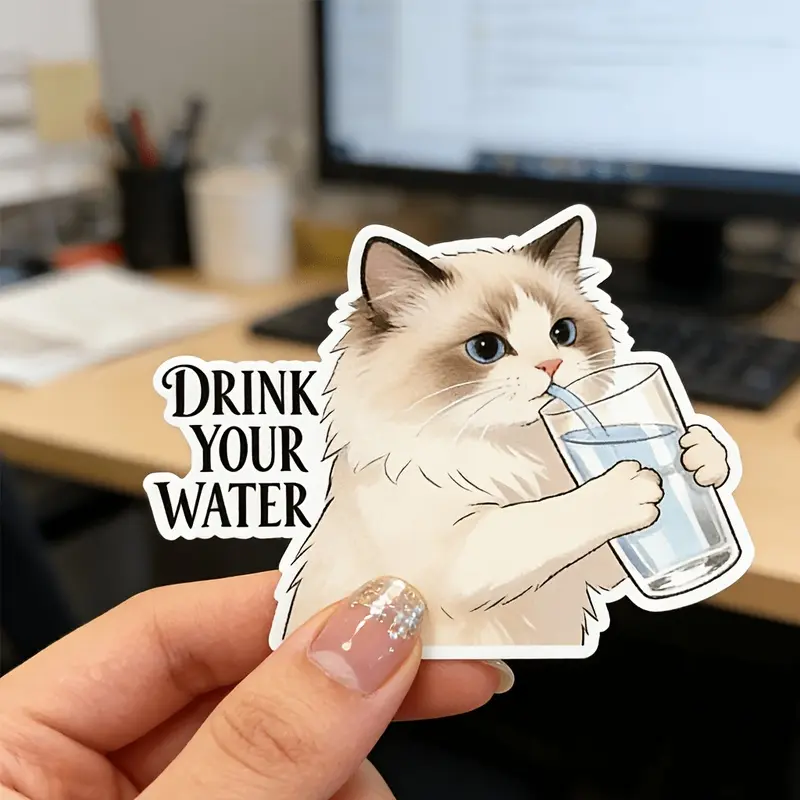Puppy Cat Drinking Water Stickers, Cute Kitten Hydrating Design Vinyl Stickers, Suitable for iPad phone cases, laptops, water bottles, diaries, suitcases, desks, car decorations