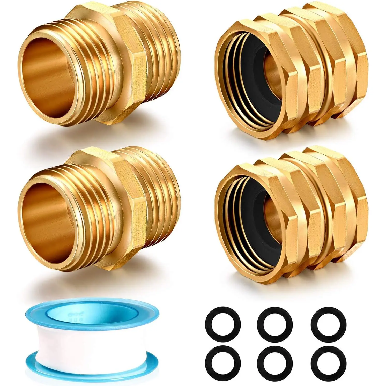 Solid brass Garden Hose Fittings Connectors Adapter Heavy Duty Brass Repair Male, Female faucet leader coupler  water hose connector (3/4" GHT Double Male Double Female 4 count)