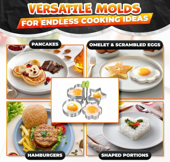 🍳 Nonstick 4Pcs Pancake Mold Set with Handle| Egg Ring for Breakfast Griddle & Fried Burger Patty| Perfect Summer Gift