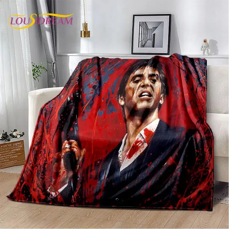 Scarface Tony Montana Flannel Throw Blanket Red Blood Splatter Art Portrait Suit Gun Graphic Soft Fleece Blanket Gangster Movie Sofa Decor Gift for Scarface Movie Fans