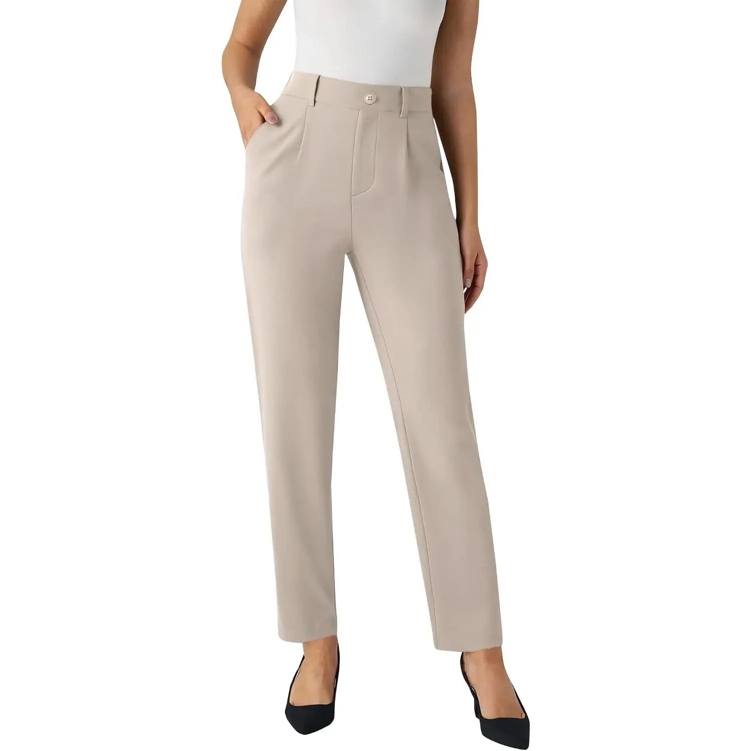Womens High Waisted Stretchy Dress Work Pants Straight Leg Pull On Business Casual Office Slacks with Pockets