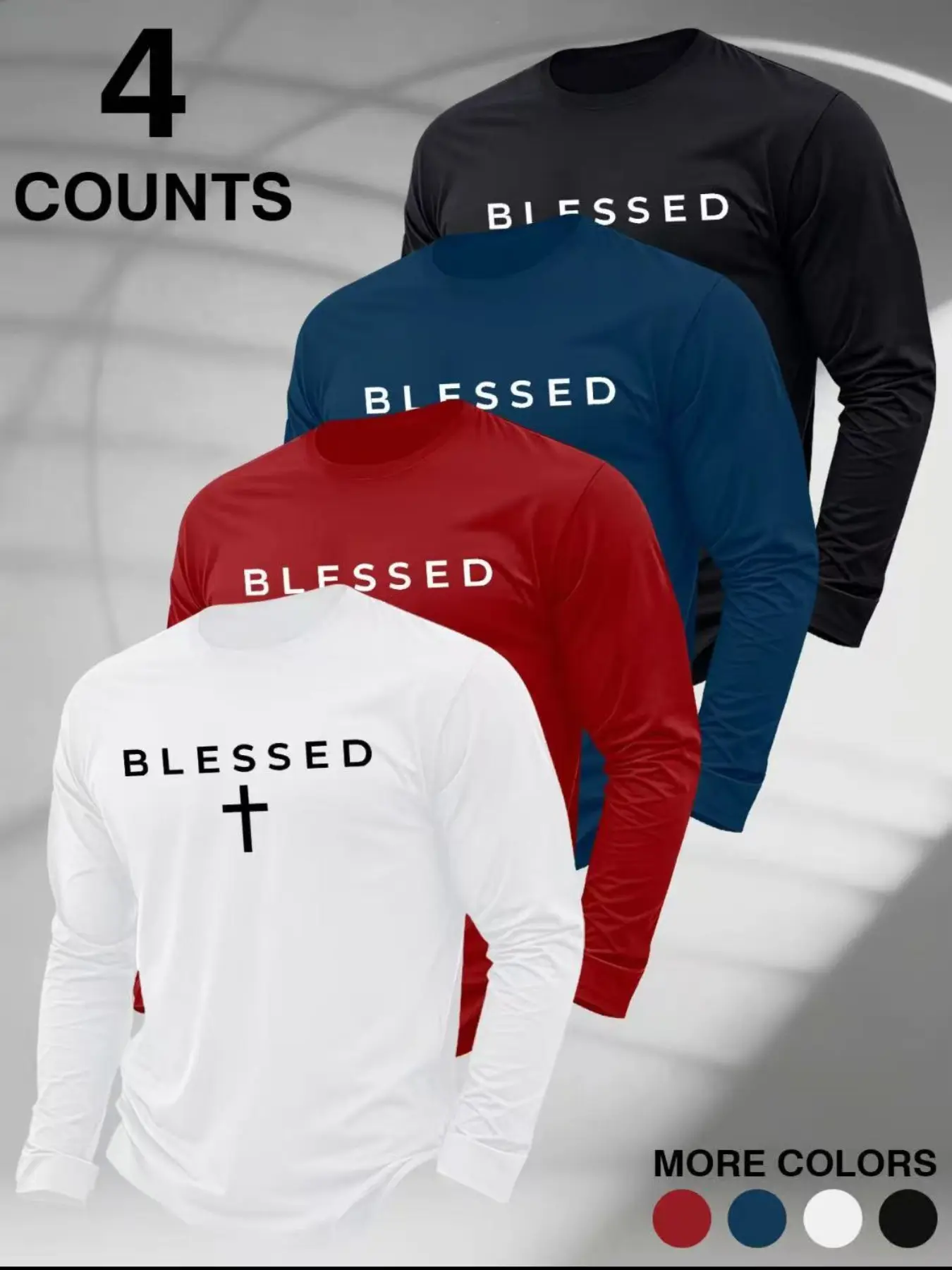 4-Pack Men's Casual Long Sleeve T-Shirts, Letter Cross Print, Fitted Comfortable, Ideal for Fitness and Daily Wear, Fall & Winter
