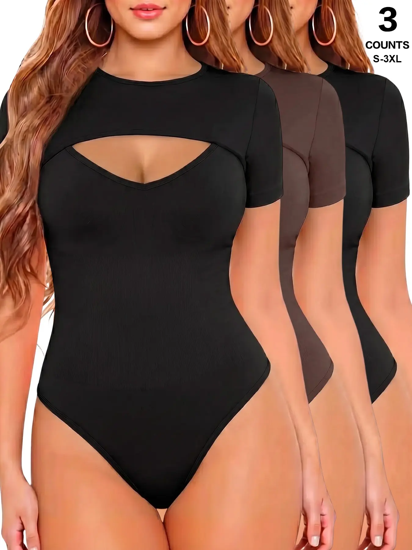 Crew Neck Front Chest Cutout Bodysuit, Sleek Hollow Out Design, Versatile Jumpsuit for Jeans, Skirts & Shorts, Casual Style