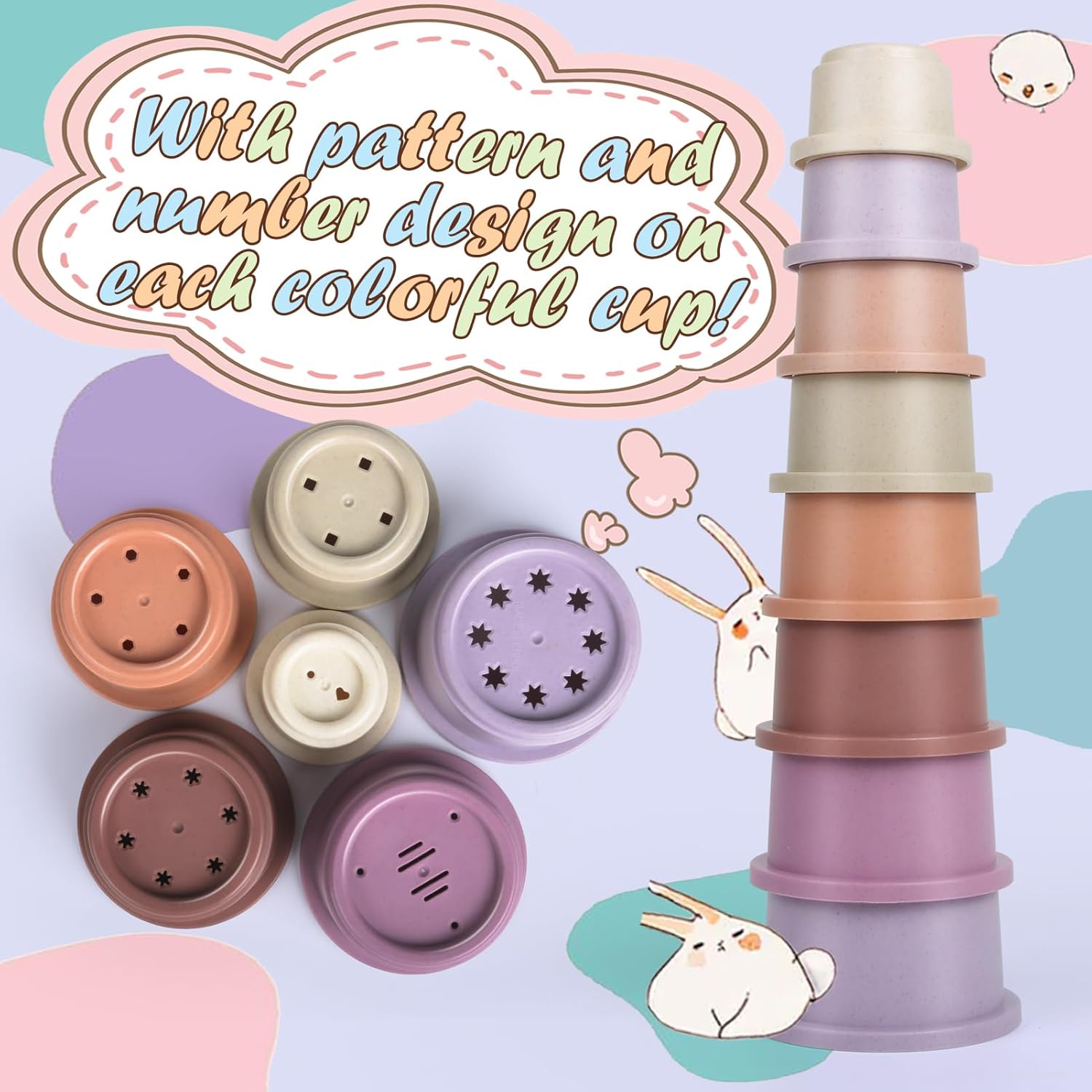 8PCS Stacking Cups for Rabbits, Stackable Bunny Toys, Natural Sugarcane Plastic Pet Nesting Snack Container, Chinchilla, Guinea Pig and Parrot Enrichment Playset for Hiding Food Colorful Bunny Stacking Cups