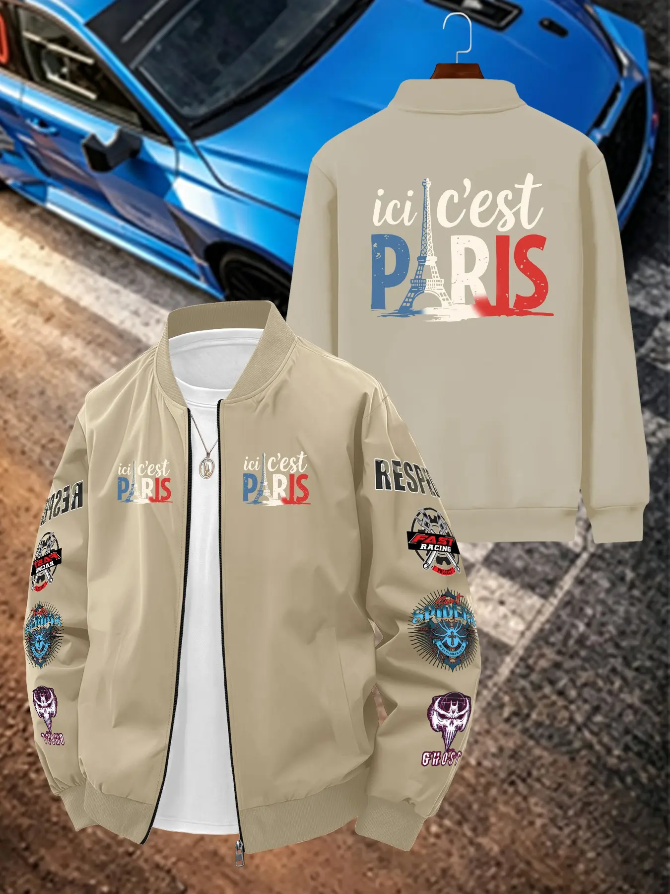 Men's Casual Jacket with Paris Letter and Eiffel Tower Print, Long Sleeve Slim-Fit, All Seasons Wear