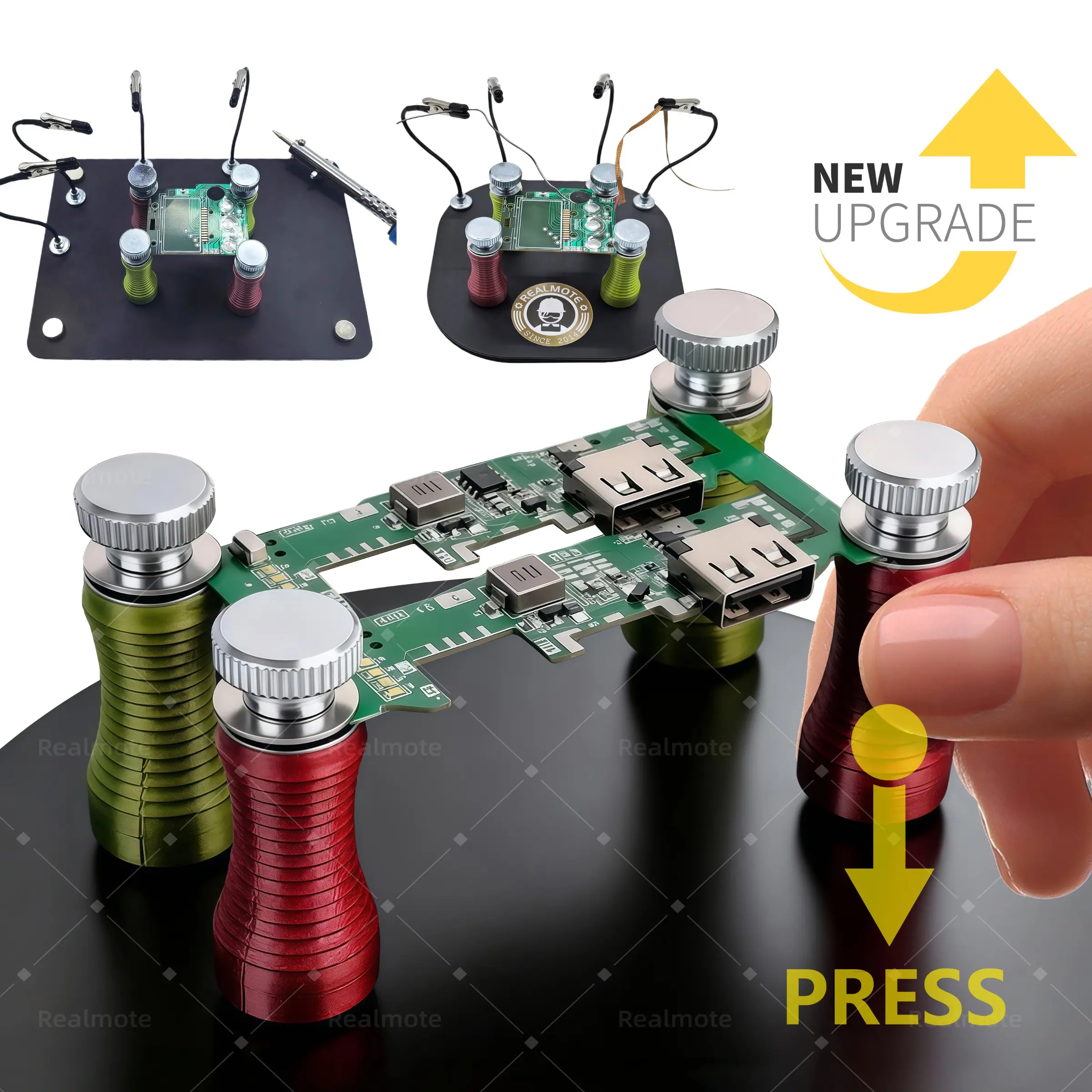 [New Upgrade] 4pcs Spring-Loaded Magnetic PCB Holder with Iron Base Plate & Magnetic Tweezers Clips, Carbon Fiber Fixture for Phone Repair Soldering, Strong Magnet Clamp for 4mm Circuit Board, Non-Slip Motherboard Vise, Tool