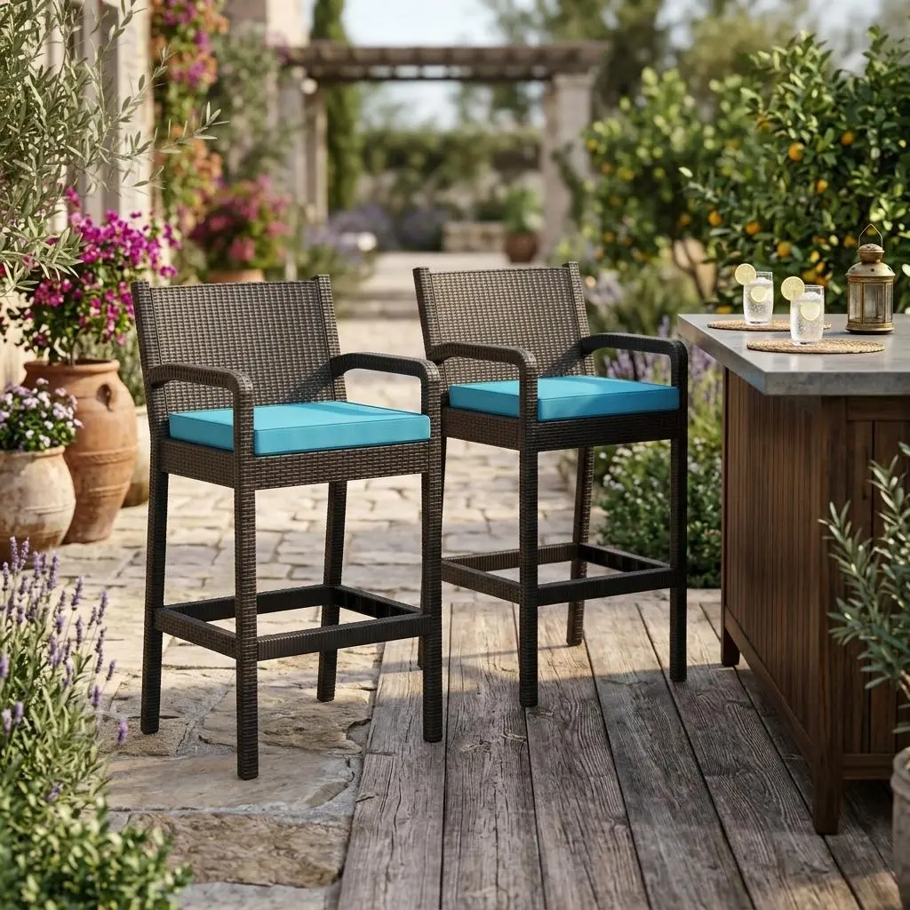 Set of 2 Black Wicker Bar Height Stools with Armrests & Soft Cushions, Weatherproof Outdoor Patio Bar Chairs, Cozy Seats for Pool Deck Balcony Garden Backyard
