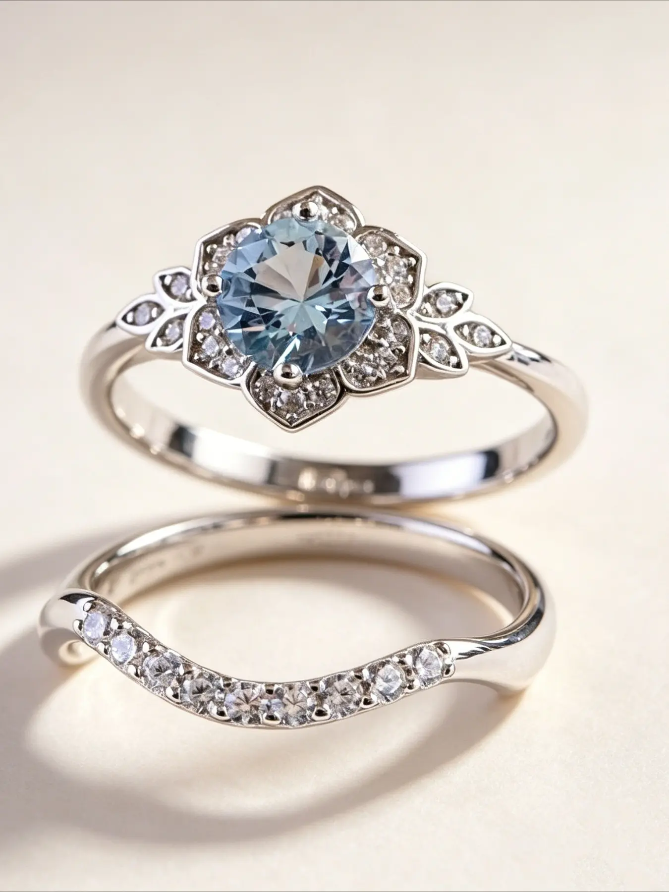 2pcs Round Aquamarine Floral Leaf  Ring Sterling Silver Halo Pave Cubic Zirconia Engagement Stackable Finger Rings Romantic Vintage Wedding Anniversary Premium Jewelry Gift for Women Bridal Rings