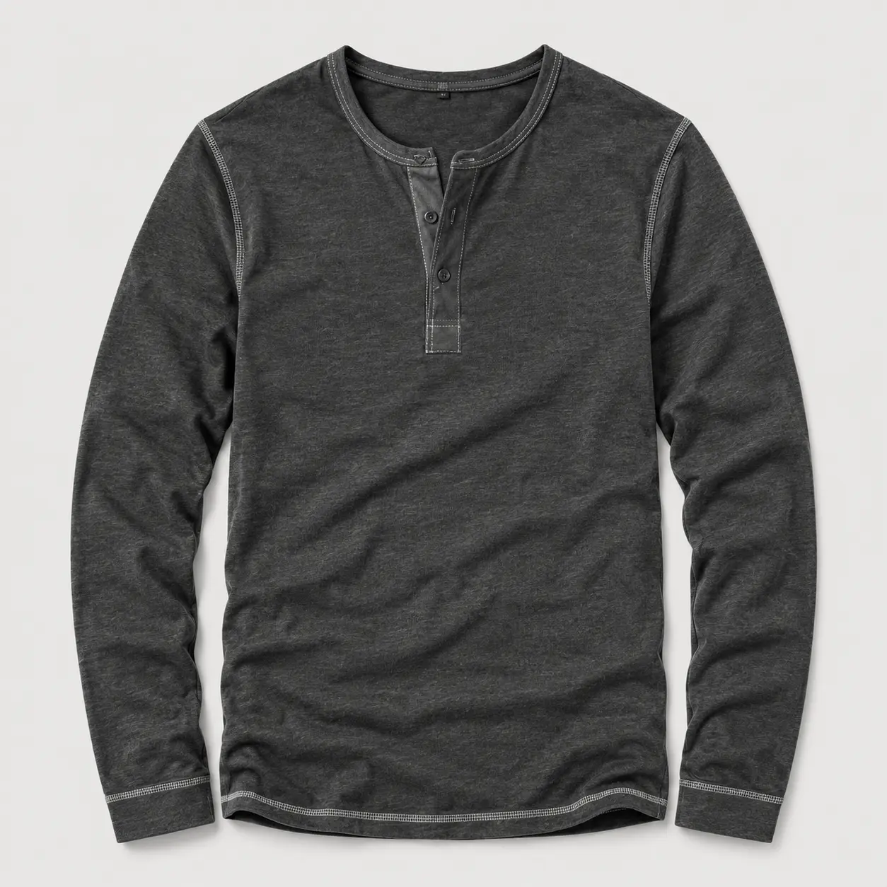 Men's Plain Long-Sleeve Casual Vintage Henley Pullover Tops - Regular Fit, Medium Length, Contrast Stitching, Crew Neck
