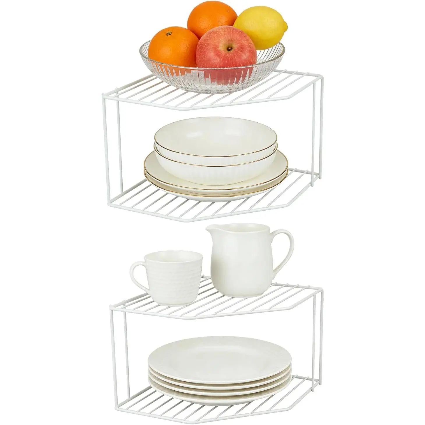 2 count 2-Tier Corner Stackable Organizer Shelf - Cabinet Storage Shelf Rack, Shelves,Kitchen Counter and Cabinet Shelf, Storage Rack Organizer for Kitchen(White)