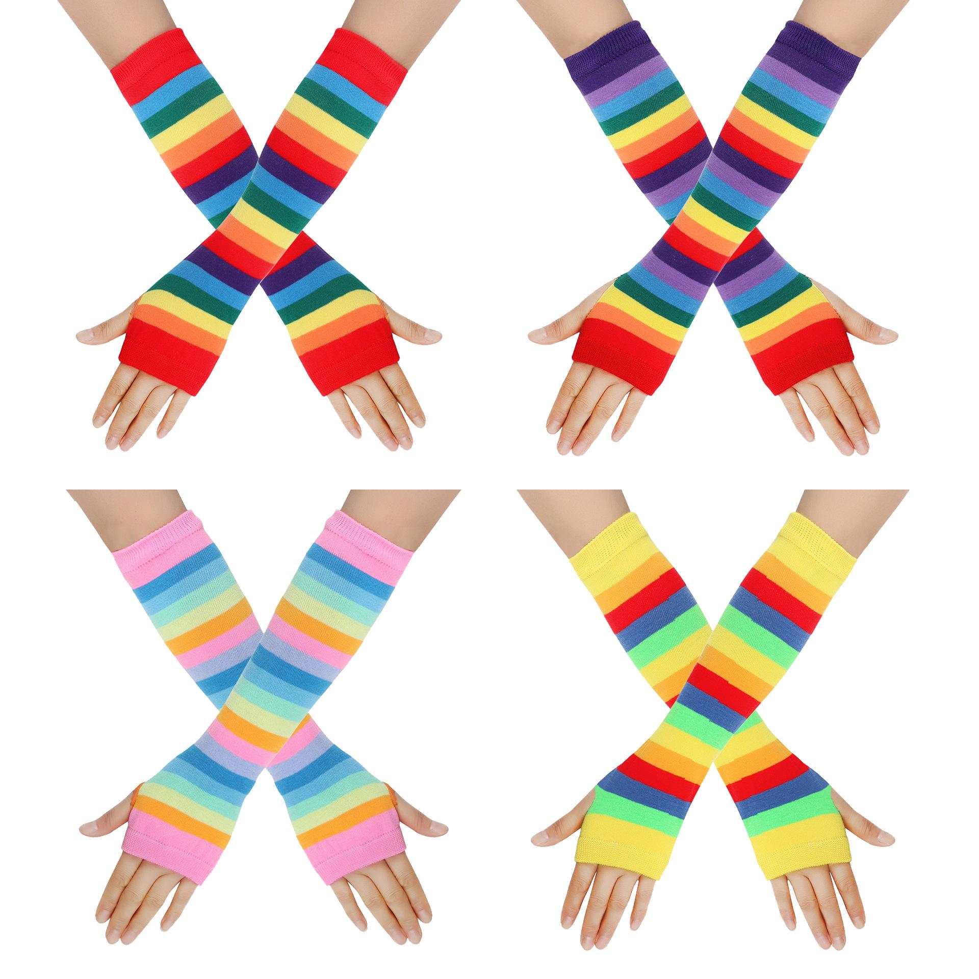 Rainbow Knitted Gloves Colorful Striped Long Sleeves Soft Stretchy Warm Handwear LGBTQ+ Pride Month Essential Vibrant Striped Knit Mitts for European & American Pride Parade Music Festival Holiday Party Cosplay Daily Casual Wear Lightweight Durable Fashio