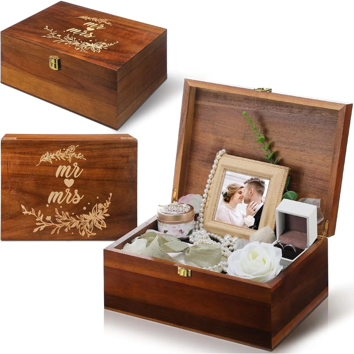 Large Wooden Wedding  Box with  12 x 9 x 5.5 Inch, Wedding Memory Storage Box Engagement Gifts for Couples Newlyweds Bridal Shower Couple Gifts(Mr&mrs)