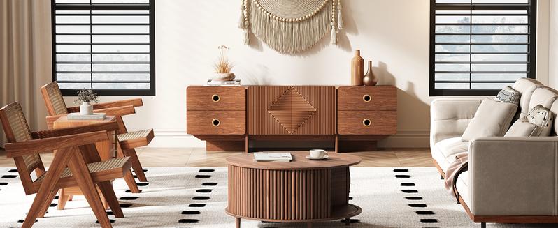 66" Fluted TV Stands for Living Room, Mid Century Modern TV Consoles for 75 inch TV, Entertainment Center with Storage, Media Console with Adjustment Shelf(Cherry)