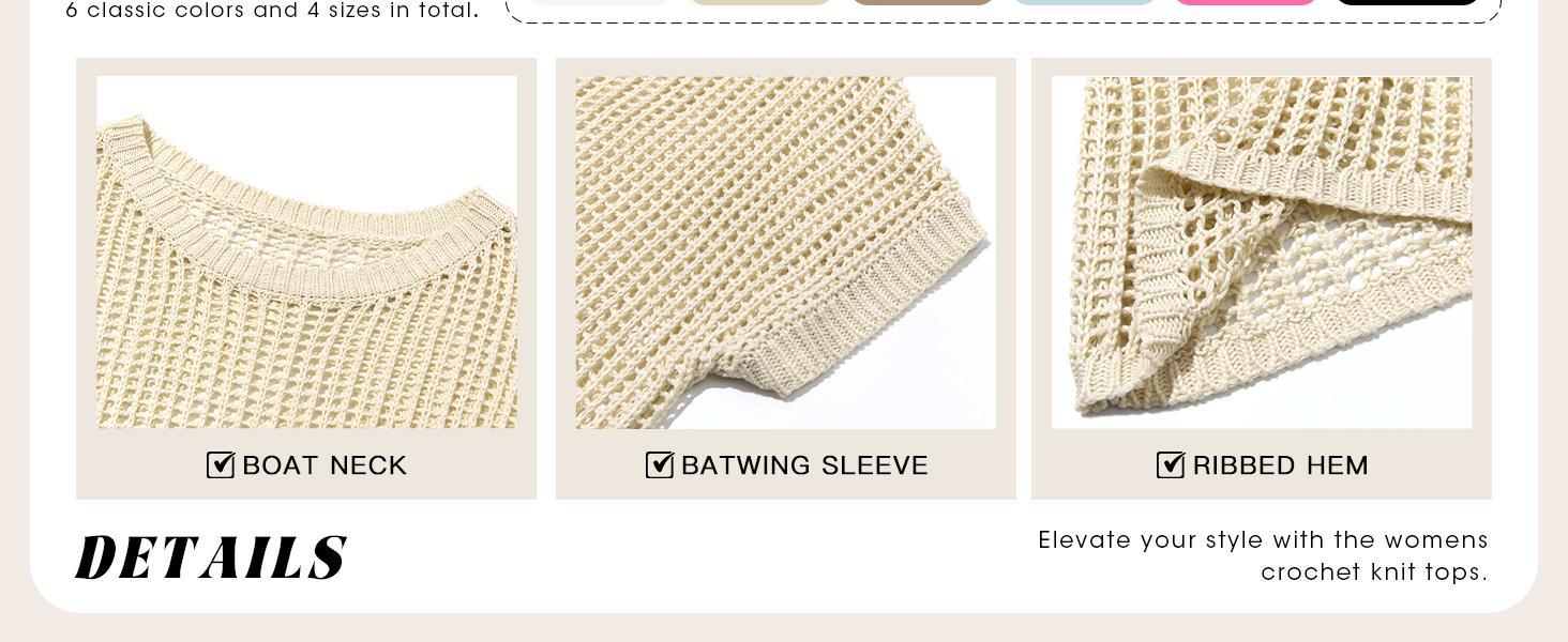 Beotyshow Womens Batwing Short Sleeve Crochet Sweater Tops Oversized Boat Neck Boho Knit Summer Beach Cover Ups