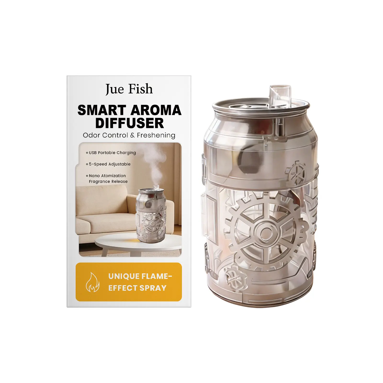 Jue Fish Cansmart Smart Aroma Diffuser, Transparent Black, Realistic Flame Effect Colorful LED Light, Portable Essential Oil Aromatherapy Machine, Dual Use for Desktop & Car, Quiet Air Freshener Humidifier for Bedroom Office