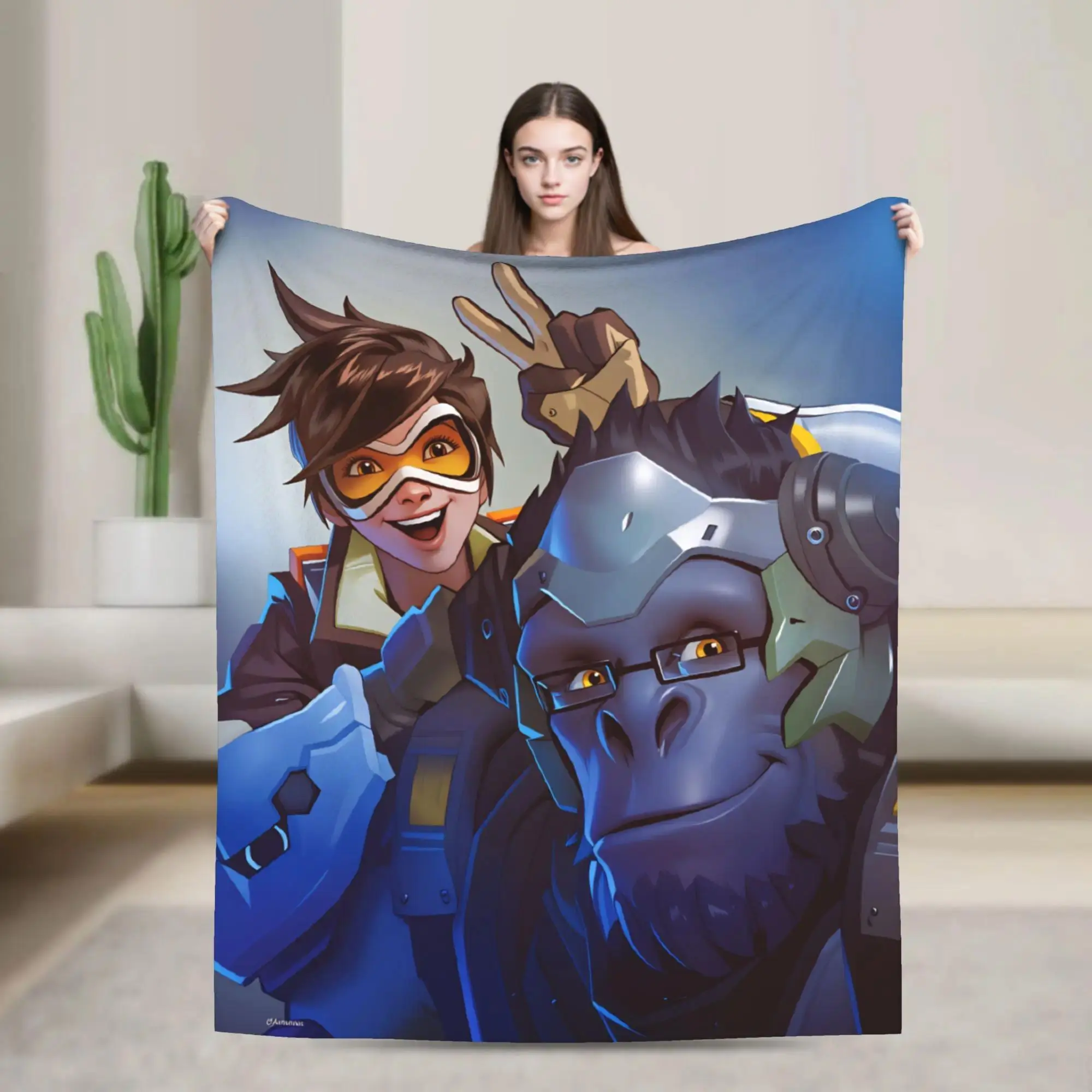 Overwatch Tracer Winston Polyester Flannel Blanket - Warm, Soft Unisex Casual Throw for Home Sofa, Bed, Room Decor (Sports & Outdoor Camping Hiking Sleeping Gear)