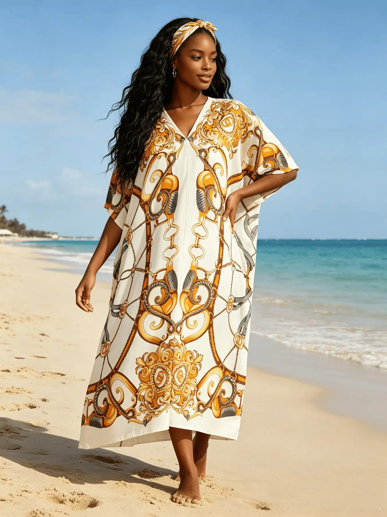 New Women's 2 Piece Cream Base Gold Baroque Print Kaftan Maxi Dress with Matching Headscarf, Silky Loose Satin Robe, Plus Size Friendly, Beach Cover Up, Resort Vacation & Evening Party Wear, Boho Summer Casual Wear, Boho Style Dresses