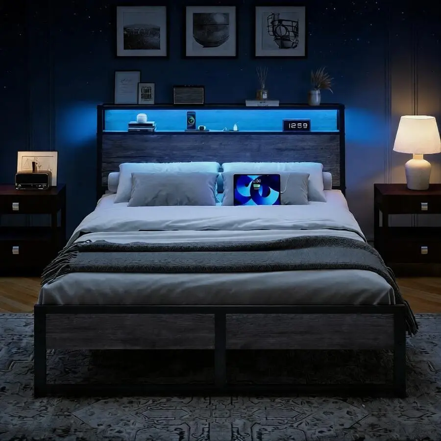Bed Frame With Charging Station LED And Light Storage Headboard, Metal Platform Bed Frame With Ergonomic Storage Headboard, No Box Spring Needed, Easy Assembly,(USB LED Strip)