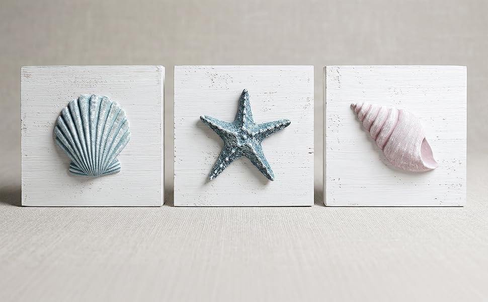 Tide and Tales 3D Beach Wall Art - Seashell with Starfish for Coastal Bathroom Decor, Ocean Inspired Decor for Bathroom, Coastal Bedroom, Living Room or Beach House, Set of 3 (6"x 6")