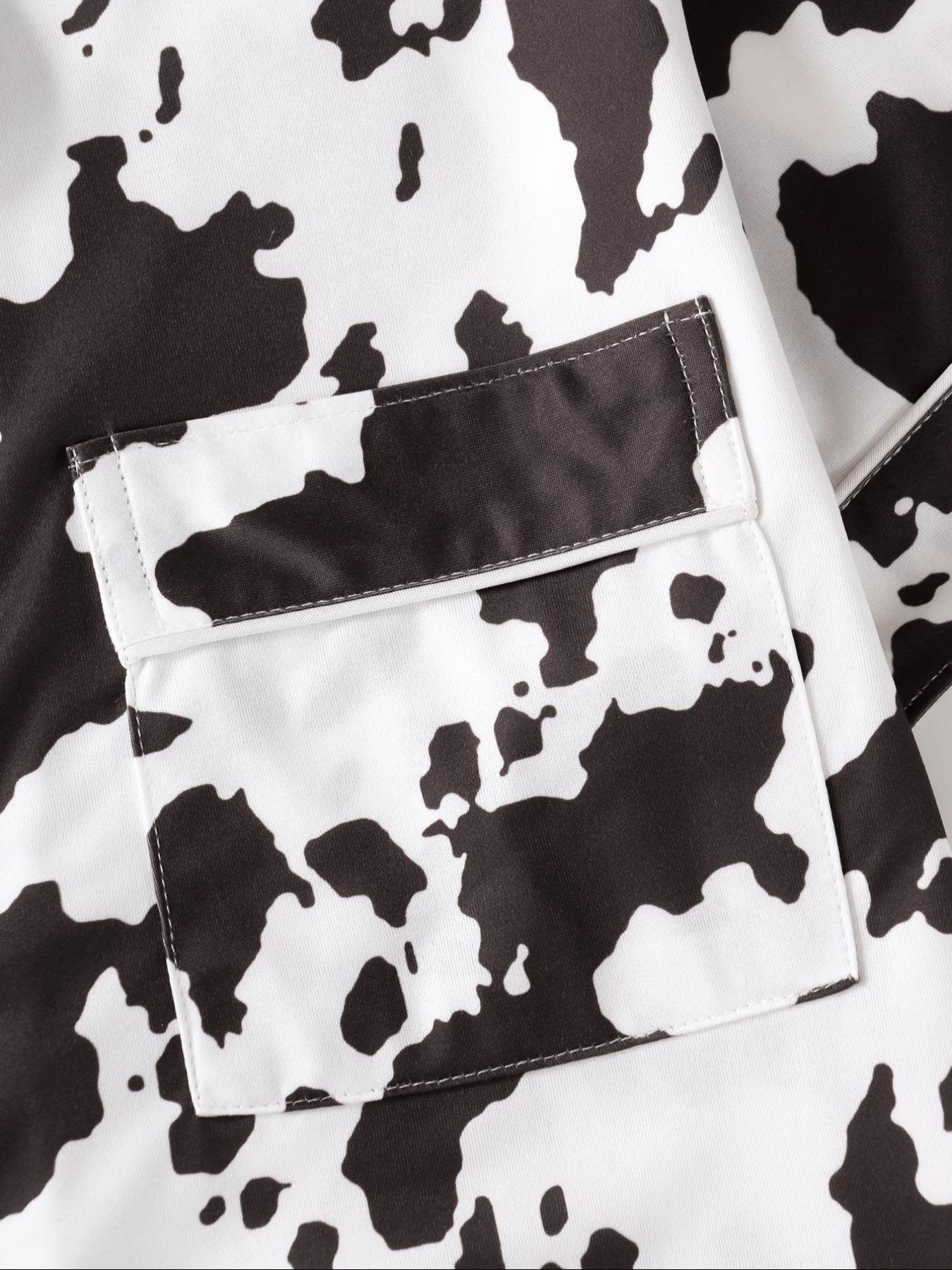 Women's Cow Print Notched Neck Crop Shirt & Shorts Pajama Two-piece Set, Elegant Comfy Short Sleeve Top & Shorts PJ Set, Ladies Sleepwear for All Seasons, Casual Sleepwear Set