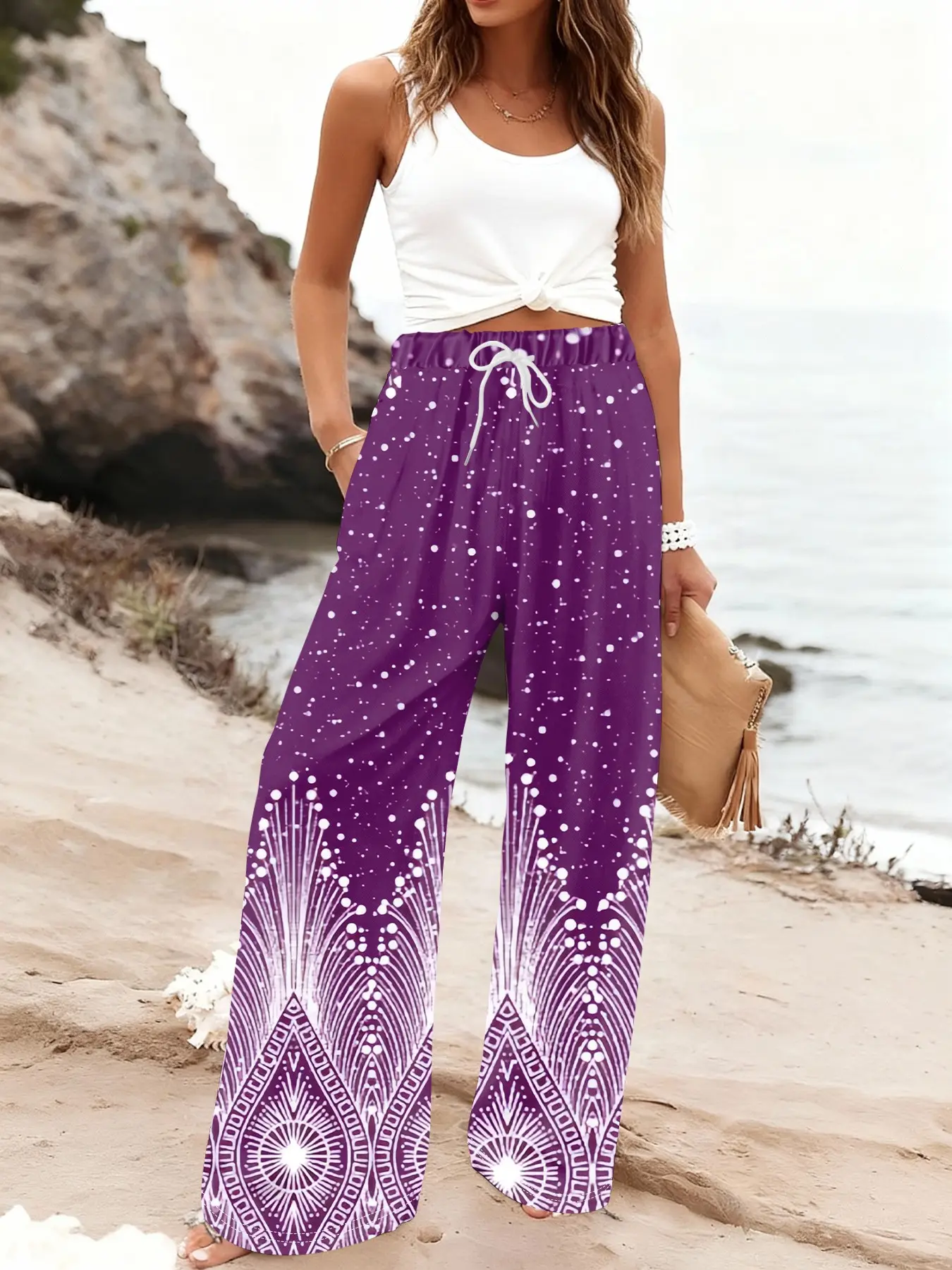 Polka Dot Ethnic Print Wide Leg Pants for Women, Drawstring High Waist with Pockets, Casual Beach Long Pants for All Seasons