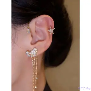 Elegant Starry Fringe Ear Cuff Clip, Star and Fringe Earrings, Rhinestone Wheat Earring Studs No Piercing, Versatile Daily Wear Jewelry for Parties
