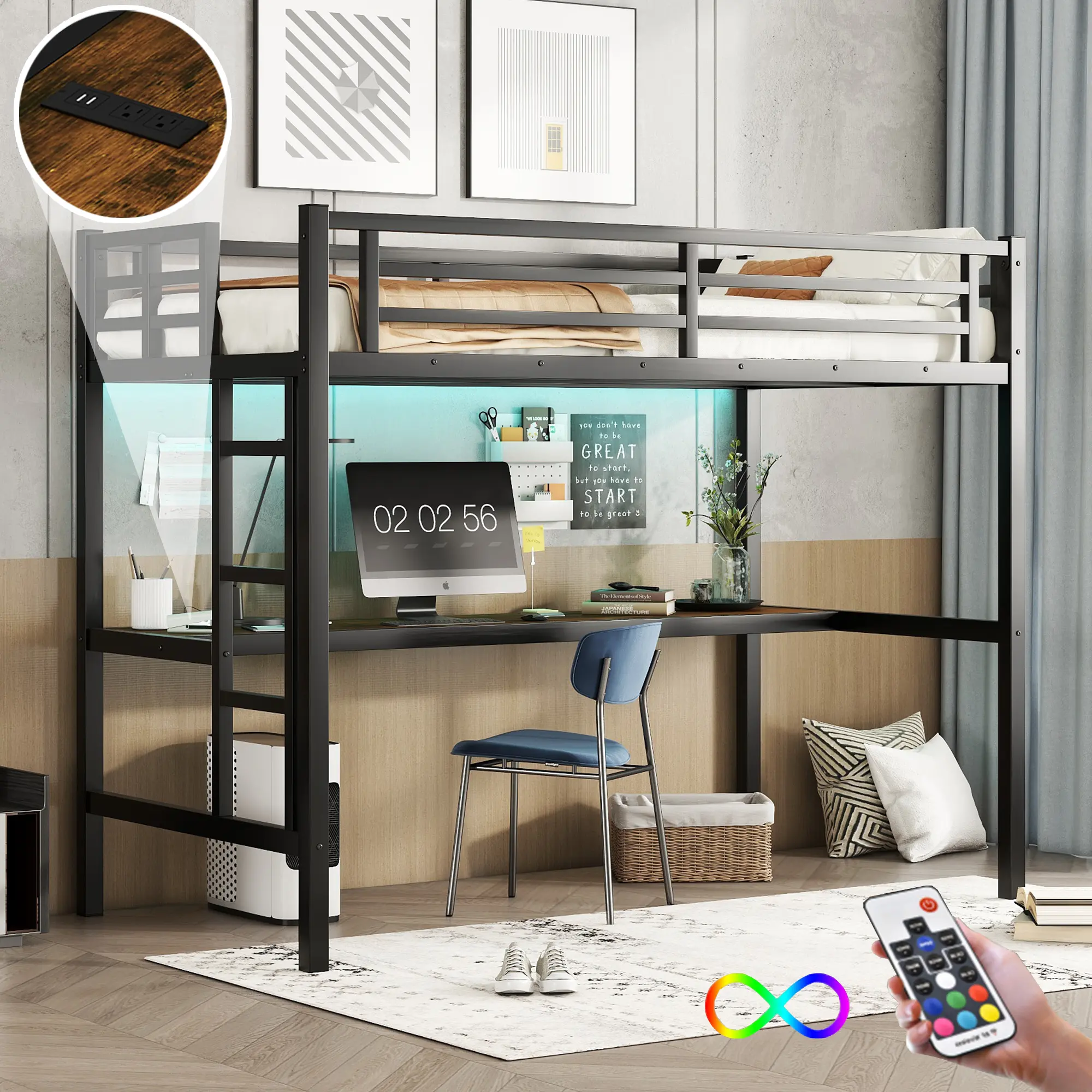 ARCH Metal Twin XL Loft Bed Frame with Power Outlet and LED Lights, Space-Saving Design, Noise Reduced, Black, for Kids Teens Adults, Dorm Room Bed, No Box Spring Needed, Bedroom Furniture for Bedroom, Guest Room, Kids Room, Teen Room